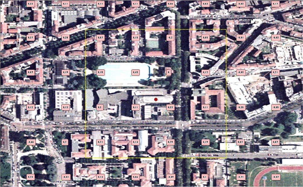2-12 MILANO +.5 ±.4 Fig.6 In rosa i punti dell analisi REGIONAL scomposti secondo il vettore verticale, nell immediato intorno del CGPS di Milano, con i relativi valori originali.