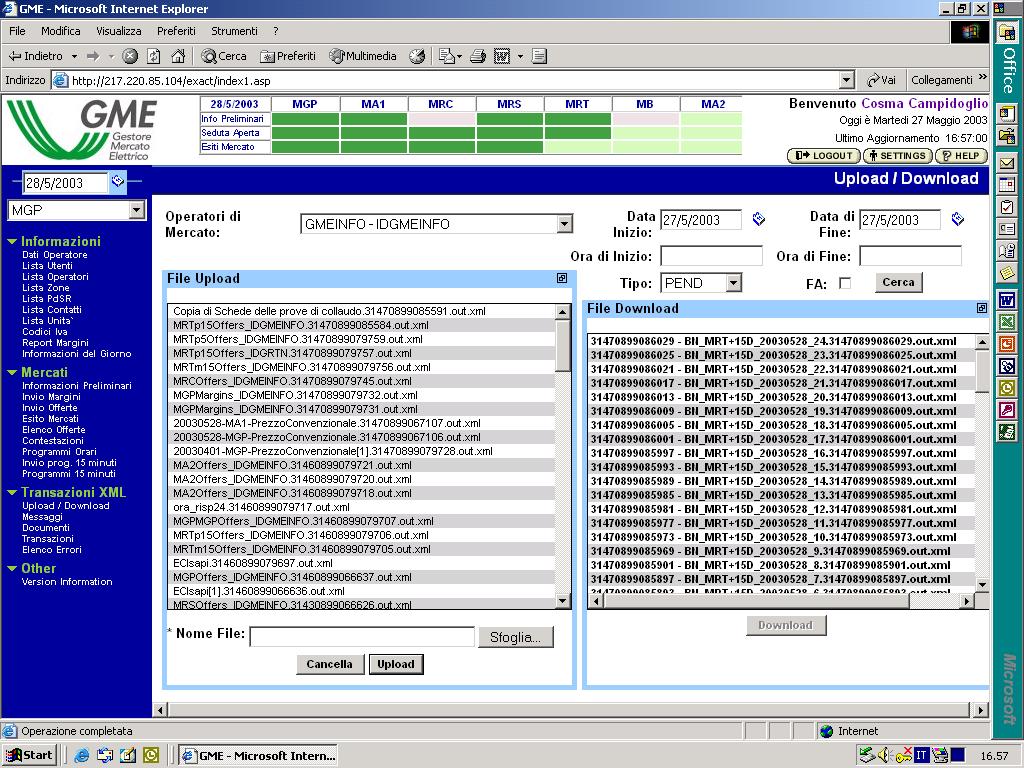 Pagina 8 di 10 Figura 3 Transazioni XML Upload/Download La ricezione da parte del GME, in una seduta di uno dei mercati che costituiscono il mercato elettrico, di una offerta valida di un operatore,