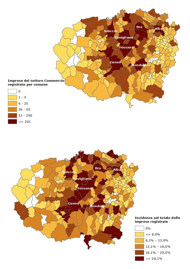 Capitolo 11 Commercio interno Cartografia - Distribuzione delle imprese del commercio (a) registrate per comune. Provincia di Cuneo.