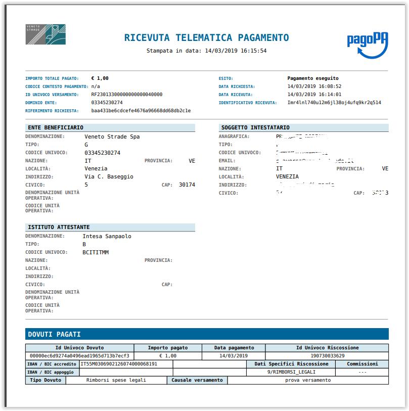 Dalla ricevuta telematica è possibile recuperare le seguenti informazioni: l importo pagato e l esito del pagamento; i dati dell ente beneficiario, del soggetto intestatario e