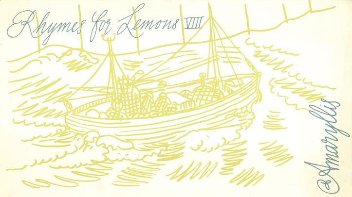 2. HAMILTON FINLAY Ian, Rhymes for Lemons, (Dunsyre, Lanark), Wild Hawthorn Press, s.d. [1970]; 11,7x21 cm., pieghevole, pp. 16 n.n., stampa in bleu e oro su fondo bianco.