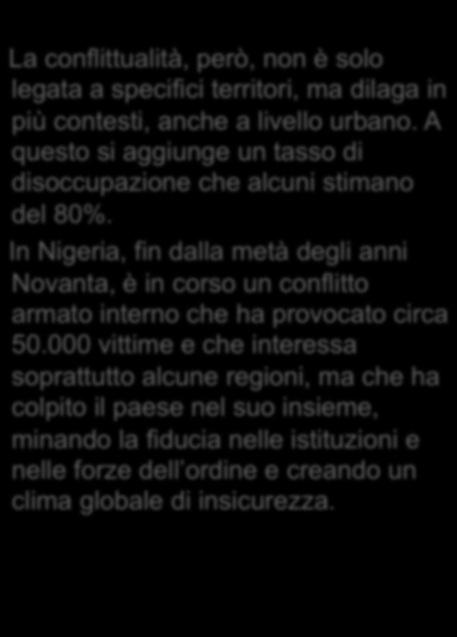 In Nigeria, fin dalla metà degli anni Novanta, è in corso un conflitto armato interno che ha provocato circa 50.