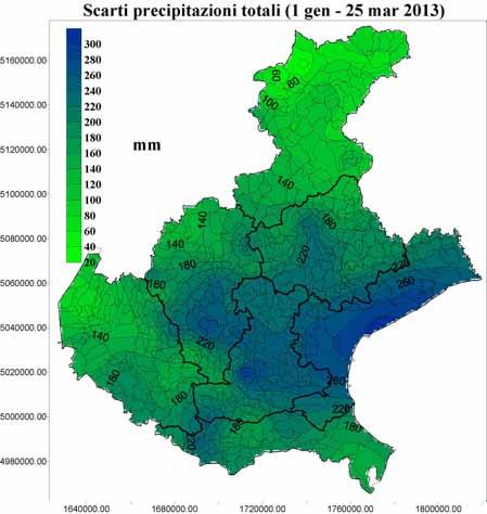 Figura 5: carta delle isolinee degli scarti di precipitazione totale dal 1 gennaio al 25 marzo 2013 in confronto alla media del periodo 1994-2012 (dati ARPAV) 6.