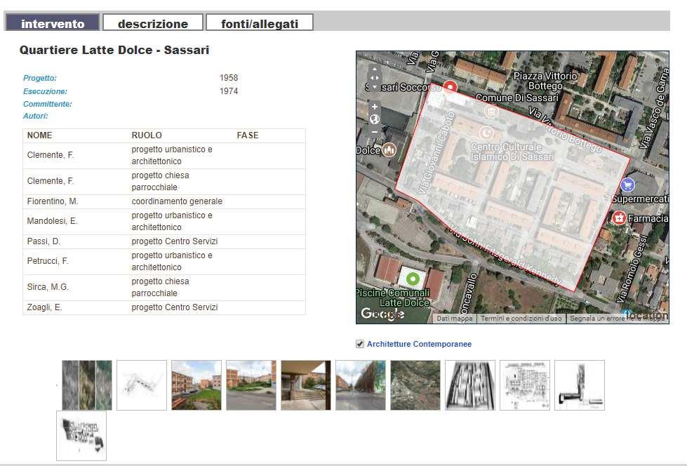 In caso di compresenza di scheda di Architetture e di scheda di Quartiere i due punti coincidono e quello rosso si sovrappone a quello blu: la funzione di informazione e dettaglio della scheda si