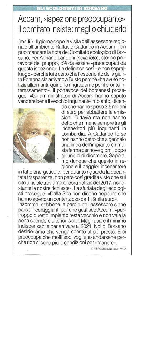data rassegna 22/02/2019 Gli ecologisti di Borsano ACCAM, "ISPEZIONE PREOCCUPANTE" IL COMITATO INSISTE: