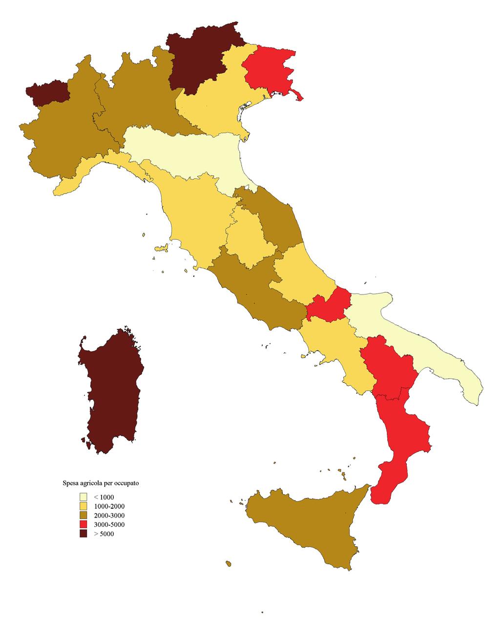 5. LA SPESA PUBBLICA IN AGRICOLTURA L ANDAMENTO DELLA SPESA AGRICOLA NELLE REGIONI ITALIANE In Italia, la spesa agricola regionale per occupato è pari a 2.376 euro.