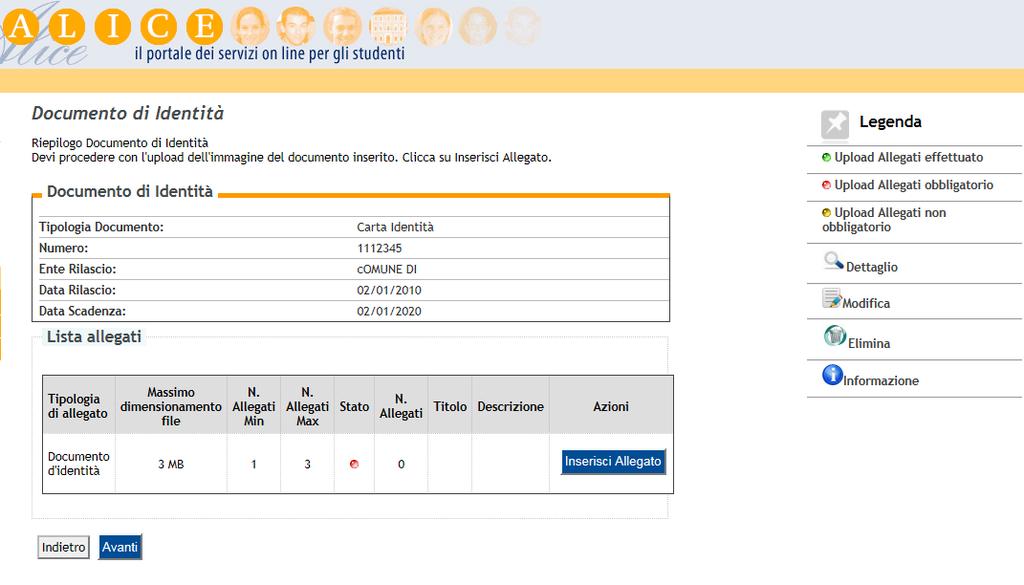 Dopo avere scritto di nuovo negli spazi appositi il tipo di documento inserito la maschera successiva presenta il riepilogo dei dati inseriti e dell upload effettuato: CARICARE LA