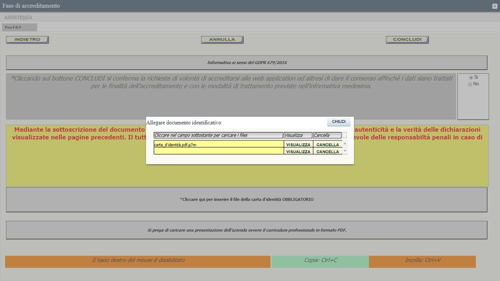 Cliccando nella riga gialla si aprirà un pulsante verde che permetterà di selezionare il file contenente la scansione del documento firmato