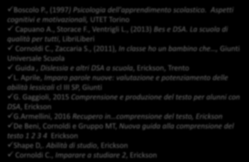 Aprile, Imparo parole nuove: valutazione e potenziamento delle abilità lessicali cl III SP, Giunti G. Gaggioli, 2015 Comprensione e produzione del testo per alunni con DSA, Erickson G.