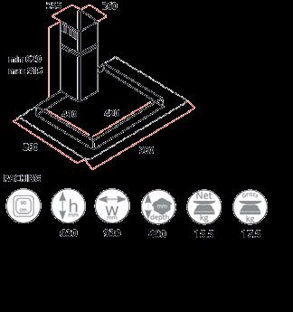 220 240 60 cm 90 cm Push button 450 m3/h 3 Luci 2x20 W luci