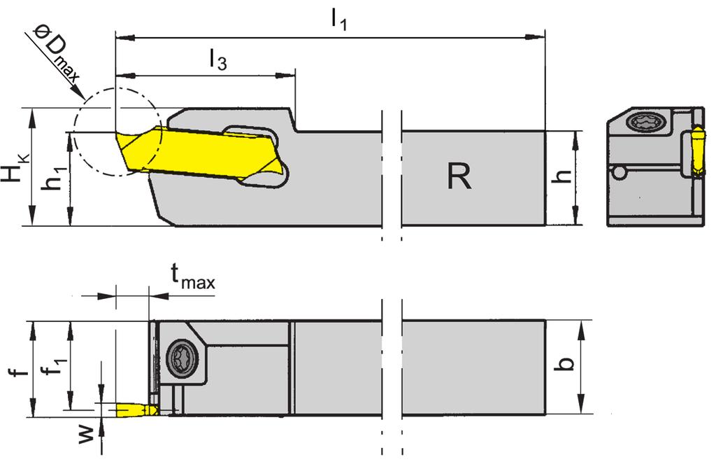 Gorge et Tronçonnage Gole e Troncatura H avec serrage vissé con bloccaggio a vite Largeur de gorge Larghezza della gola 3 mm pour per S R = version à droite représentée R = versione destra come in