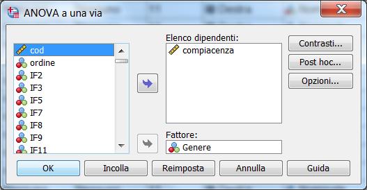 Anova 1 via in SPSS Analizza Confronta medie Anova a 1 via Inserire in Elenco dipendenti la/le variabili quantitative