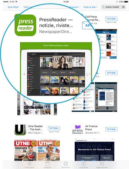 3. cerca e scarica gratis PressReader nell'app Store; 4.