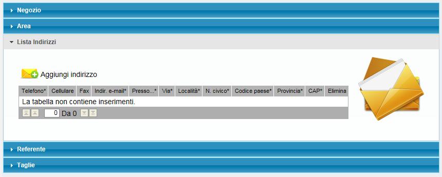 Anagrafica - Creare nuova anagrafica La Lista Indirizzi appare al momento vuota. Cliccare sul pulsante Aggiungi indirizzo per inserire una riga di indirizzo.