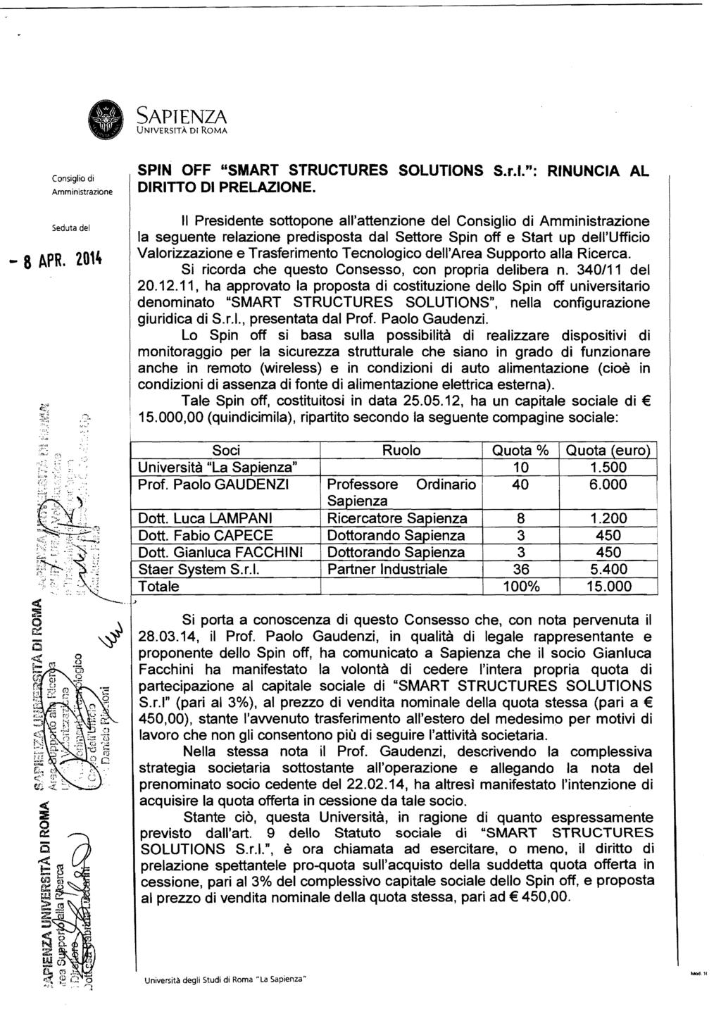 UNIVERSITÀ DI ROMA SPIN OFF "SMART STRUCTURES SOLUTIONS S.r.l.": RINUNCIA AL DIRITTO DI PRELAZIONE.