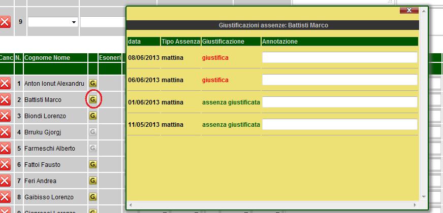E' possibile mettere un docente di copresenza. Nel momento in cui una riga viene modificata per la prima volta, la riga viene evidenziata di celeste.