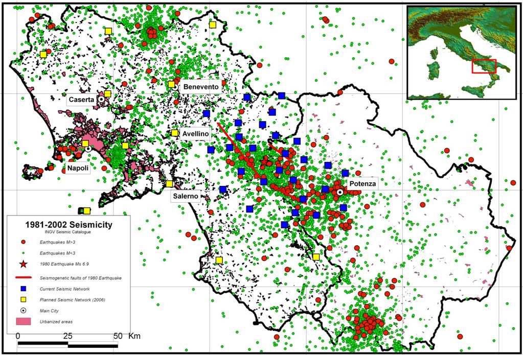 Esempio: il sistema campano 0 25 50 km Caserta Benevento Avellino Napoli Salerno Potenza 1981 2002 Seismicity INGV Seismic Catalogue Earthquake M>3