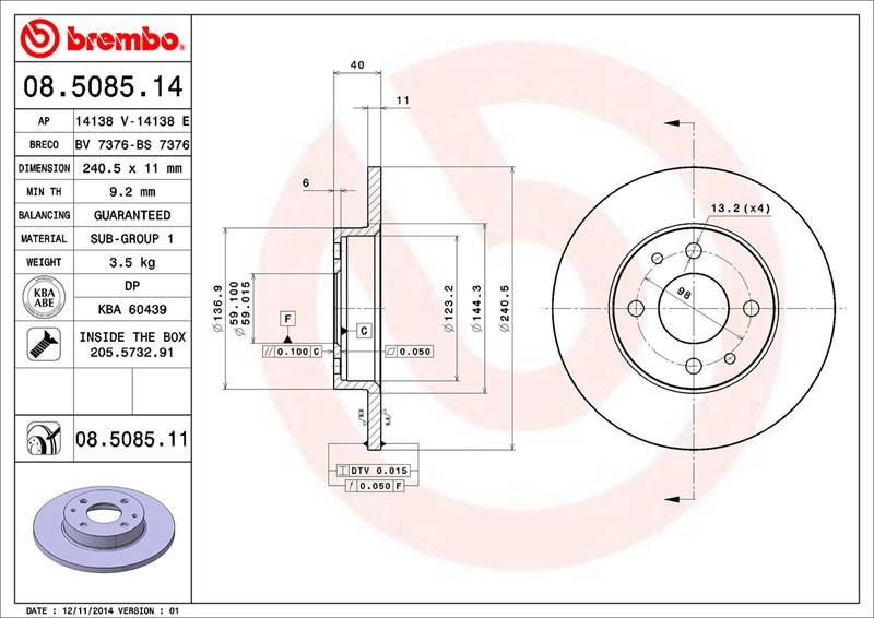 11 mm Coppia di serraggio 98 Nm Codice EAN 8020584012338 Codici marchi Brembo 08.5085.
