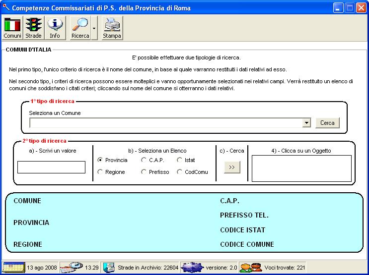 COMUNI Come nelle versioni precedenti, anche la presente contiene un database dei comuni della penisola.