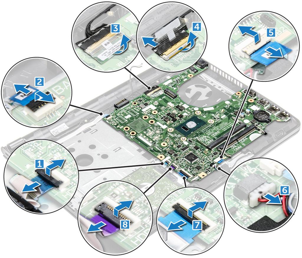 a) connettore del lettore di impronte digitali [1] b) connettore della scheda del pulsante di alimentazione [2] c) rimuovere il nastro adesivo [3].