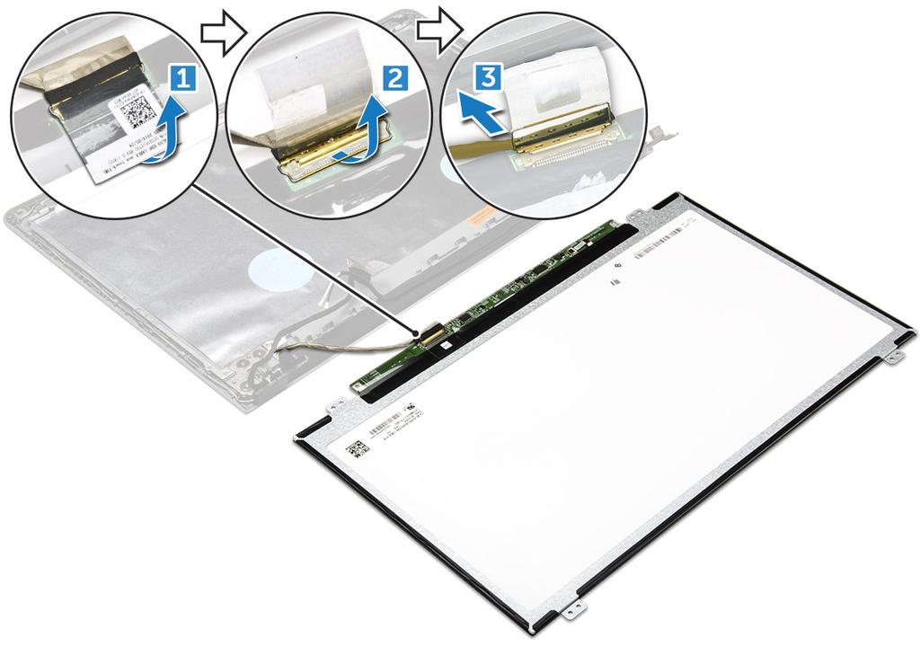 Installazione del pannello dello schermo 1. Collegare il cavo edp dal pannello dello schermo. 2. Applicare il nastro per fissare il cavo dello schermo. 3.