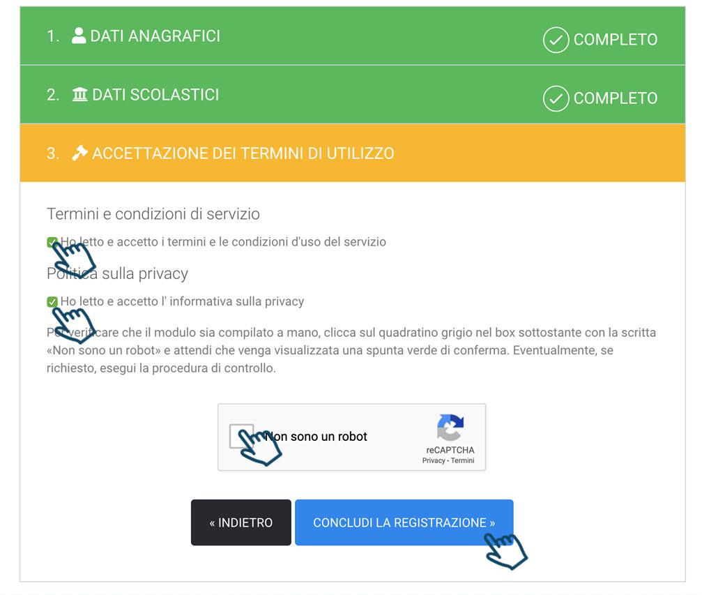 Per terminare la procedura di iscrizione occorre accettare i termini e