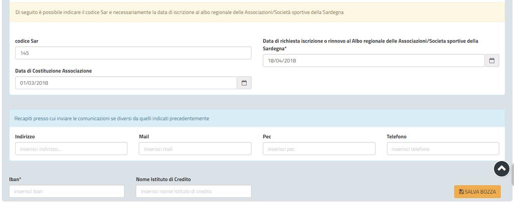 Figura 19 - Compilazione istanza - Sezione Dati Società - Associazione - Codice SAR, data richiesta iscrizione/rinnovo Albo e data