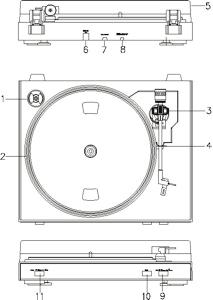 FUNZIONI E DESCRIZIONE DEL PRODOTTO 1 Adattatore Utilizzare questo adattatore per riprodurre i dischi a 45 giri 2 Piatto 3