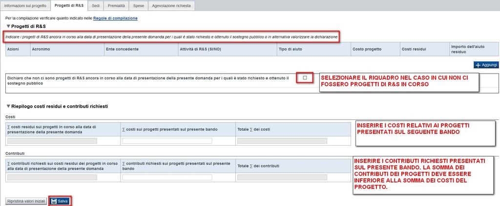 Pagina «Progetti di R & S» La videata si attiva solo se sono state selezionate le tipologie «progetti di ricerca».