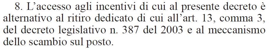 incentivante «VI CONTO ENERGIA», è alternativo al Regime RiD-GSE di Ritiro Dedicato o