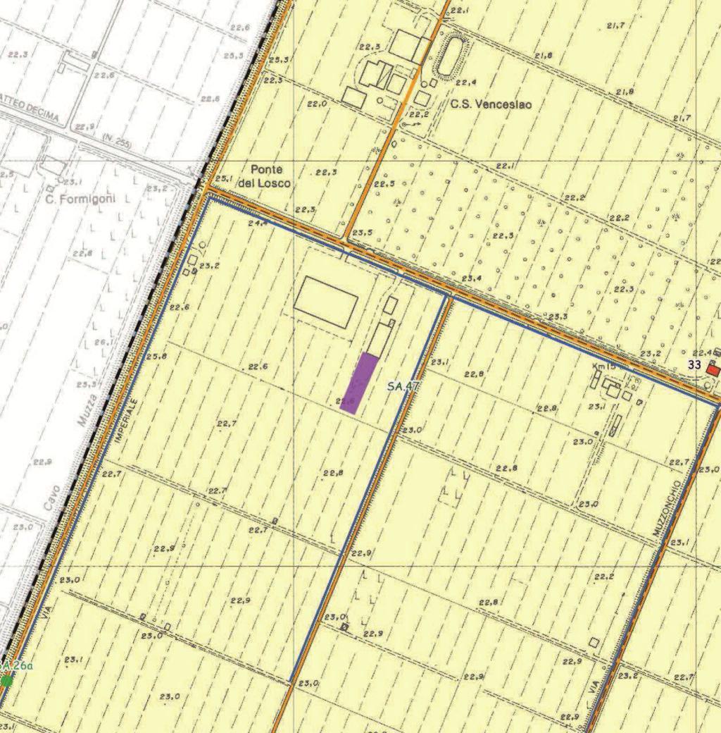 Fig. 5 Dettaglio della Carta delle Tutele degli Elementi di interesse storico-architettonico e/o testimoniale del PSC 2009 di Terred Acqua: localizzazione dell area oggetto delle opere in