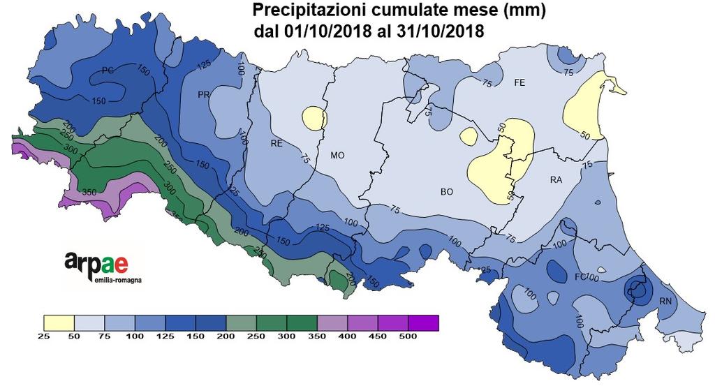 PRECIPITAZIONI del mese Le precipitazioni cumulate mensili in pianura oscillano da locali valori minimi, inferiori a 50 mm, presenti nelle aree orientali, a valori massimi, oltre 350 mm registrati