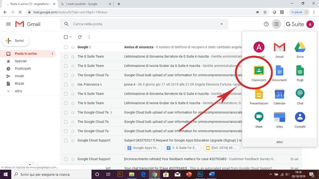 Ripetere l operazione dalla schermata della posta elettronica, e scegliere l icona che rappresenta una lavagna per accedere a Google Classroom; Appare una schermata bianca con un bottoncino in alto a
