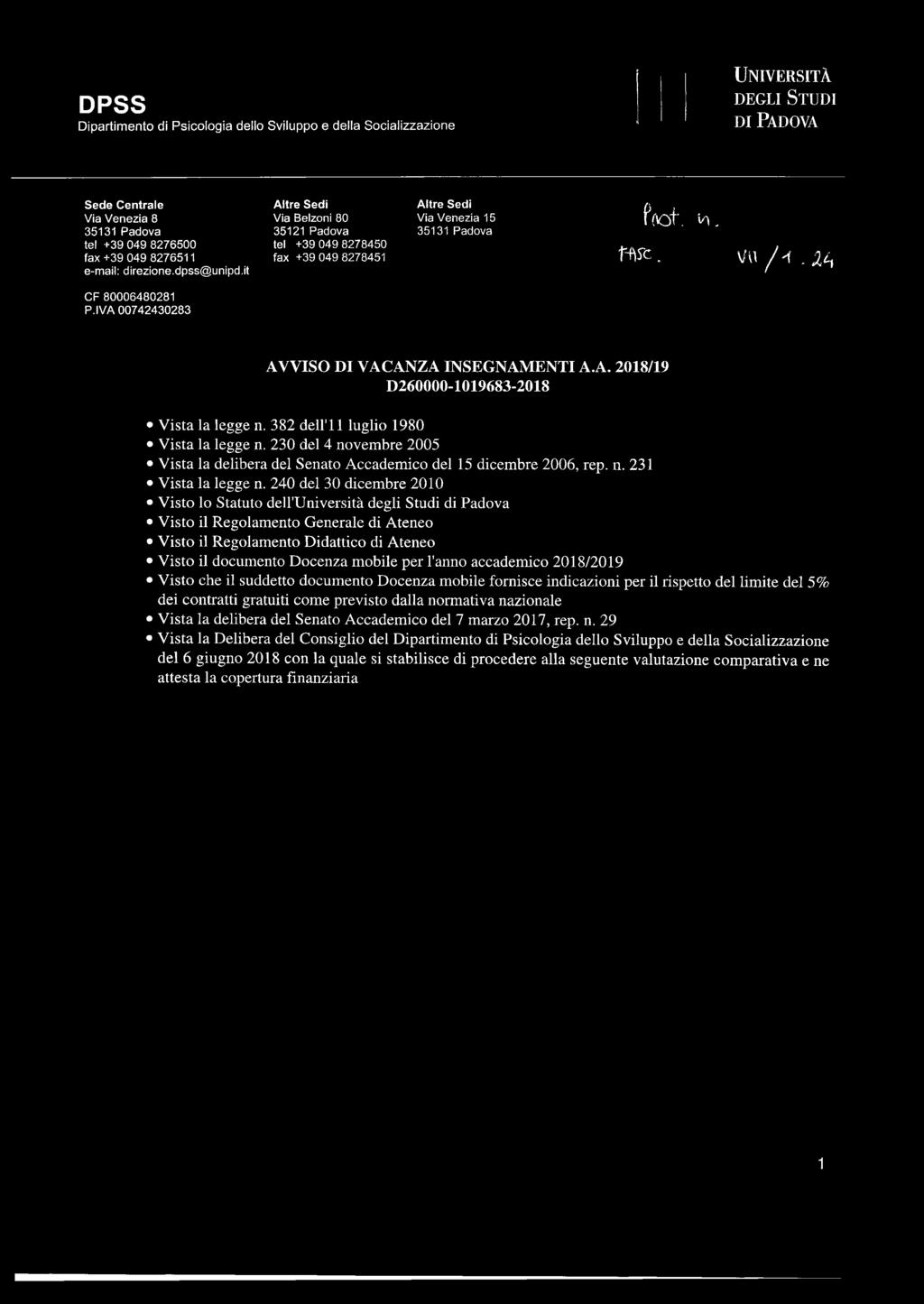 IVA 00742430283 AVVISO DI VACANZA INSEGNAMENTI A.A. 2018/19 D260000-1019683-2018 Vista la legge n. 382 dell'll luglio 1980 Vista la legge n.