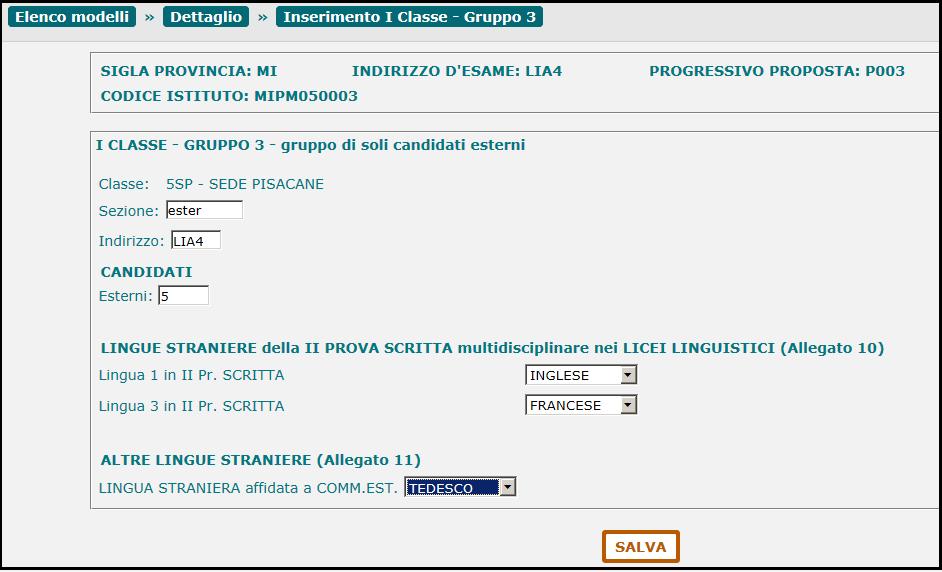 Il sistema torna alla pagina di dettaglio del modello ES-0 visualizzando i dati inseriti per il Gruppo nuovo.