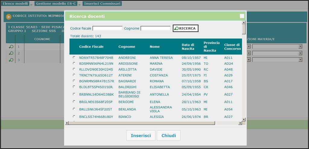 Selezionando il pulsante Ricerca il sistema visualizza l elenco dei docenti corrispondenti ai criteri di ricerca inseriti o, in assenza di questi, l elenco completo dei docenti per i quali sia stato