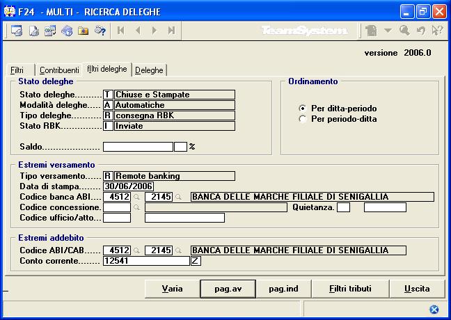 Si passa poi ad impostare i filtri relativi alle deleghe che si vuol ricercare,iniziando dallo Stato deleghe che possono essere solamente Chiuse e/o Stampate.