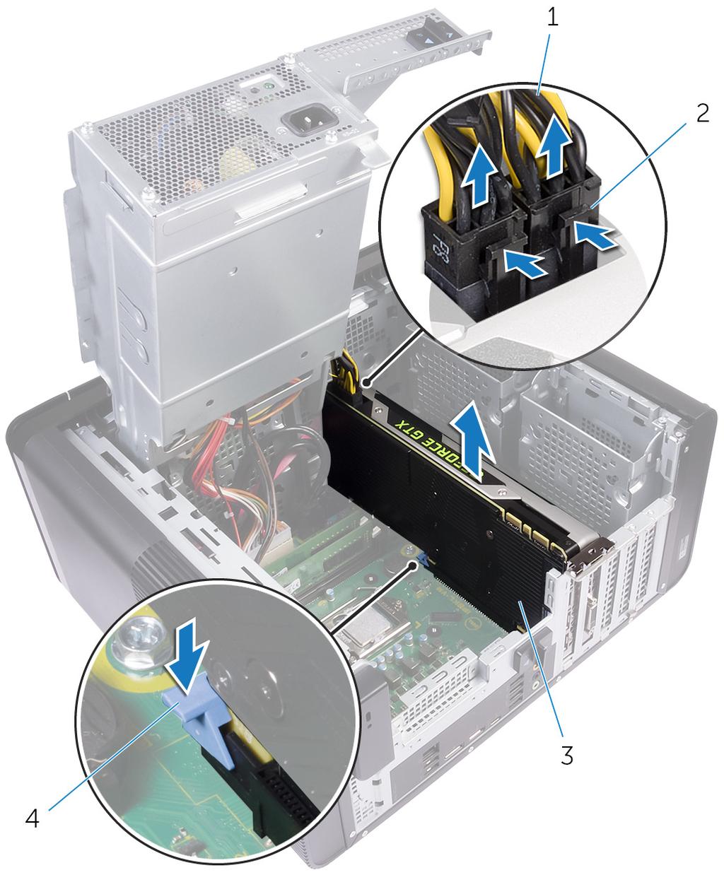 3 Allontanare la linguetta di fissaggio sullo slot PCIe dalla scheda grafica full length, afferrare la scheda dall'angolo superiore ed estrarla delicatamente