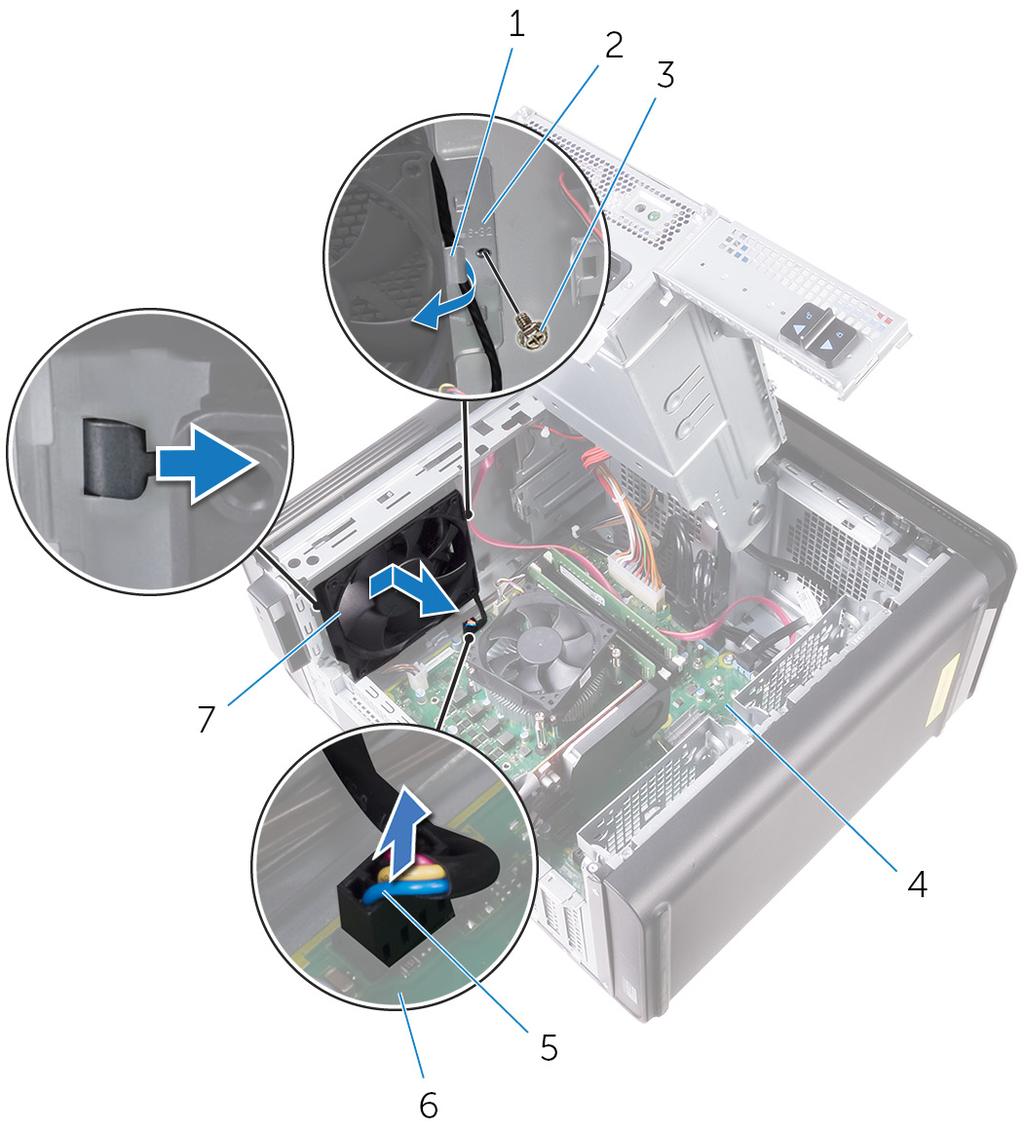 5 Sollevare il gruppo della ventola per rimuoverlo dallo chassis. Figura 34. Rimozione della ventola del telaio 1 guida di instradamento 2 supporto della ventola del telaio 3 vite n.