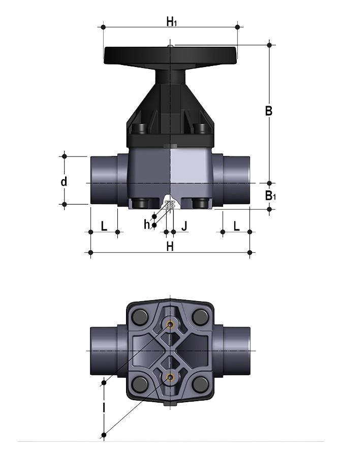 Dimensioni VMDF Valvola a membrana con attacchi maschio per saldatura di tasca, serie metrica d DN PN B B 1 H H 1 h I J L g Codice EPDM Codice FKM Codice PTFE 90 80 *10 225 55 300 200 23 100 M12 51