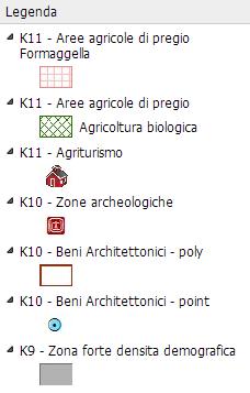 Analizzando per esempio i Temi relativi al gruppo "Impianti - STRESSOR", si può vedere come per ogni Tema sia presente, anche il suo relativo layer Buffer tenuto acceso in cartografia, spento alla