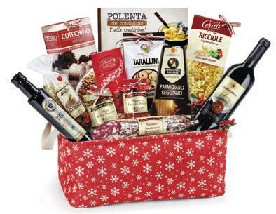 1 Complemento d arredo in legno color oro composto da 11 pezzi: panettone Bauli incarto a mano 750 g bottiglia di spumante millesimato demisec Sant Orsola 10 750 ml bottiglia di Merlot Castano 11 750