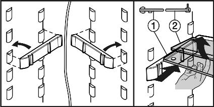 9 u L'alzatina (2) del ripiano di vetro deve essere sul lato posteriore. 5.2.6 Spostamento dei balconcini u Togliere i balconcini come in figura. 5.2.7 Asportazione del portabottiglie u Togliere il portabottiglie come illustrato nella figura.
