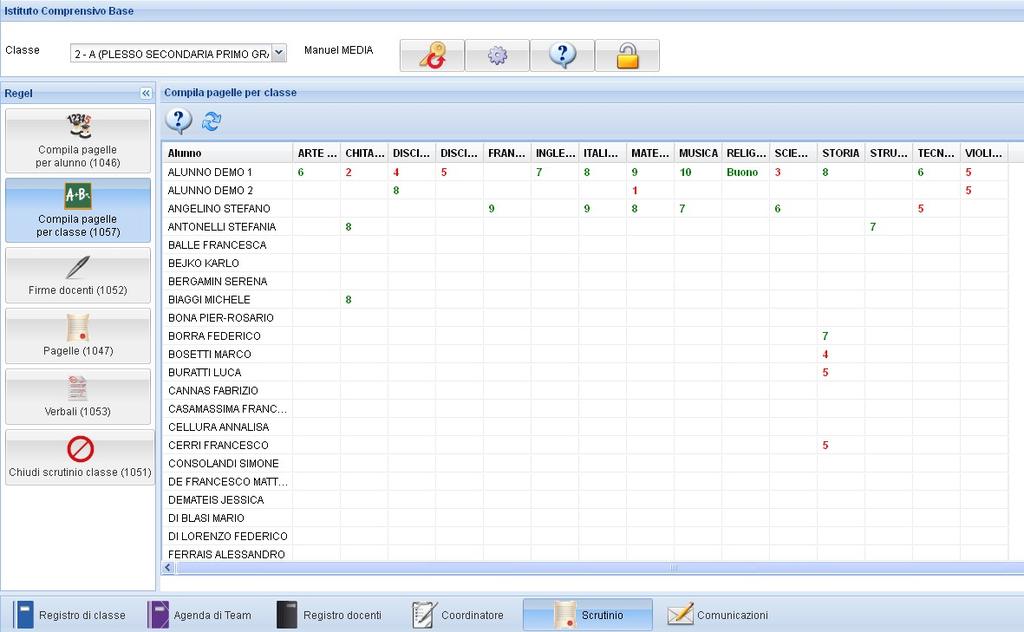 COMPILA PAGELLE PER CLASSE In questo tasto c è la possibilità di compilare le pagelle visualizzando l elenco degli alunni della classe (asse delle ordinate) e le materie (asse delle ascisse).