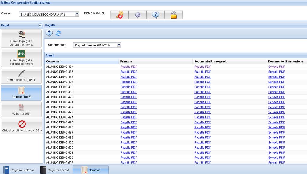 7. PAGELLE Sezione in cui è possibile visualizzare in tempo reale le pagelle per ogni alunno. I dati vengono incorporati direttamente dal tasto COMPILA PAGELLE.