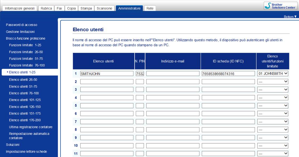 2.5 Verificare l'id utente e la scheda ID 1. Controllare che la scheda ID sia stata assegnata correttamente mediante Gestione pagina Web.