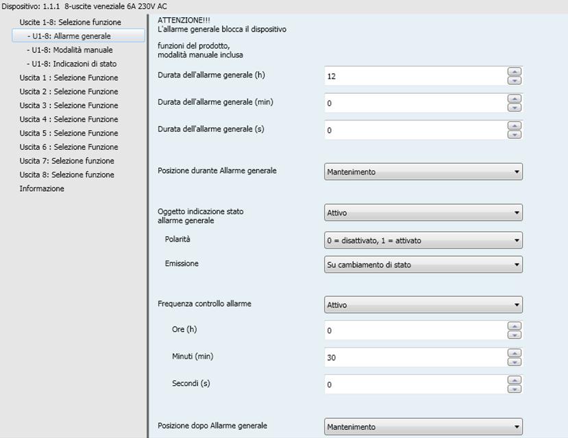 3.2 Allarme generale Questa funzione permette di bloccare le uscite del dispositivo in uno stato preimpostabile.