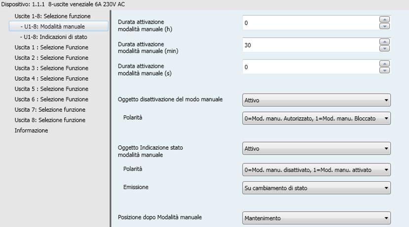 3.3 Modo manuale Il modo manuale permette di isolare il dispositivo dal bus KNX. I pulsanti di comando situati localmente permettono di effettuare un test del cablaggio tra il carico e l'uscita.