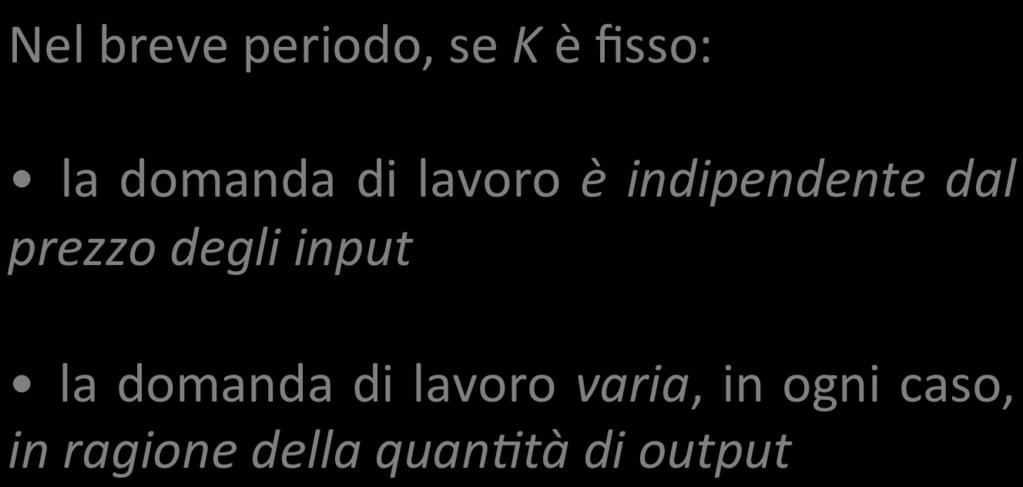 Domanda degli input nel breve periodo Nel breve periodo, se K è fisso: la domanda di lavoro è