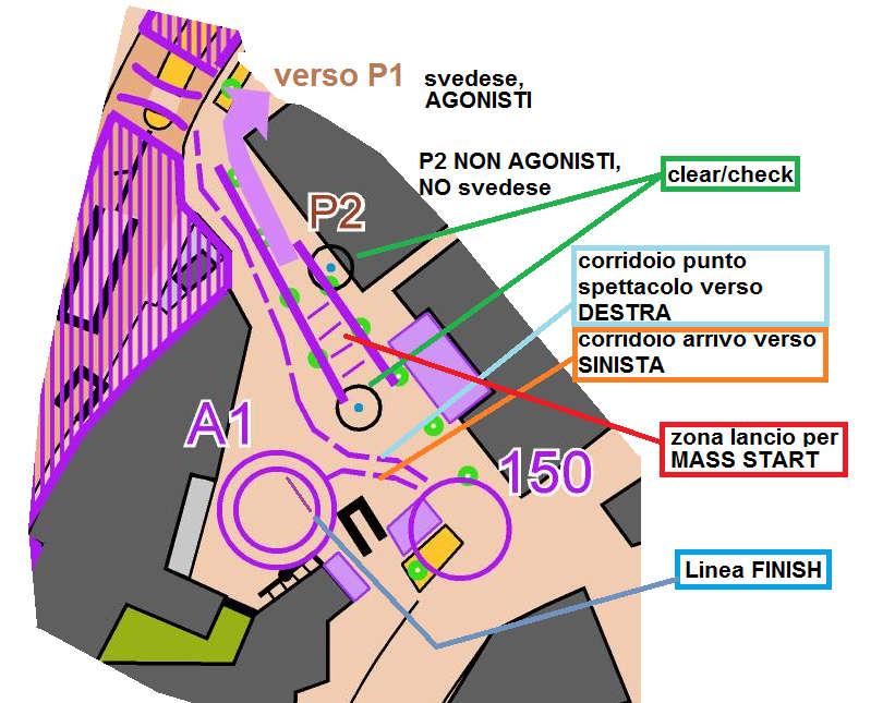 Le categorie con MASS START (M-W14, M-W16, M-W18, M-WE, M-W35, M-W45, M-W55, M-W65, M-W70) partiranno dalla piazza e seguiranno un percorso verso P1, partenza svedese con lanterna al punto K.